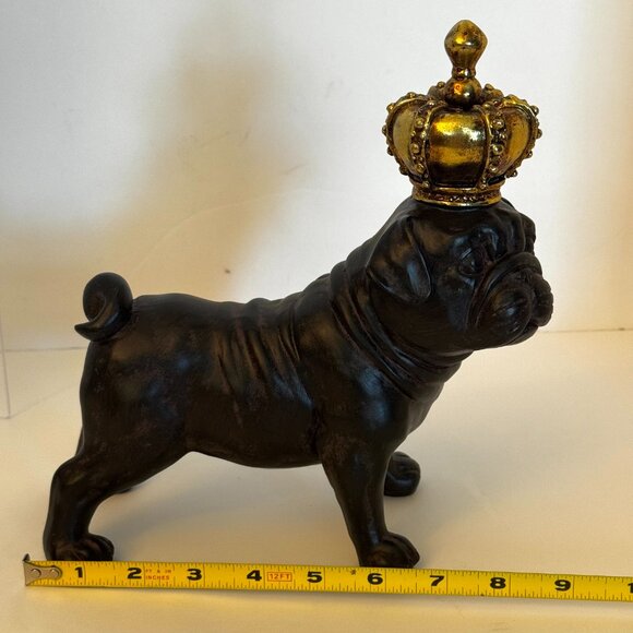 American English French Pug Dog with Golden Crown 9" Tall Dark Brown Resin Figur - Picture 13 of 15